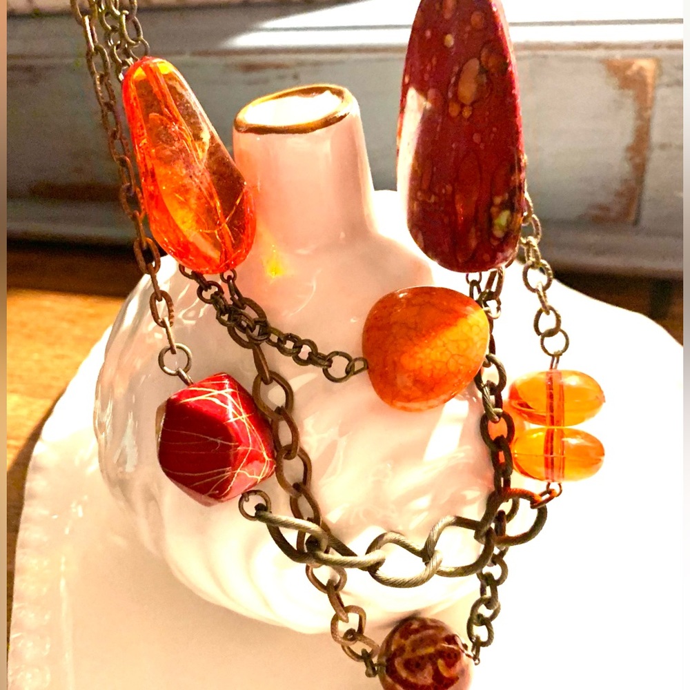 Orange and Red Beaded Bronze Necklace